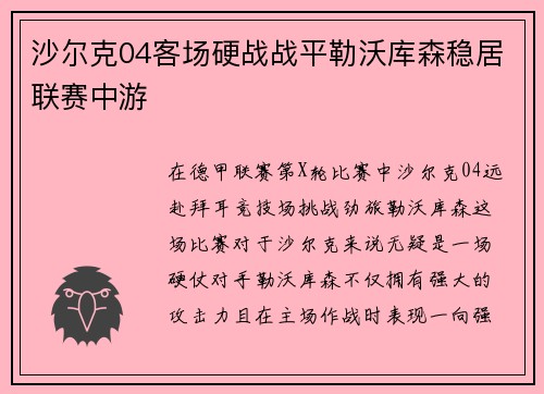 沙尔克04客场硬战战平勒沃库森稳居联赛中游